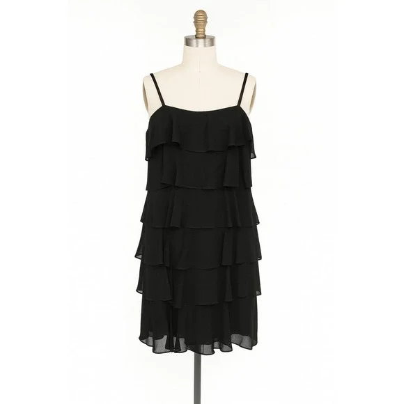 LOFT Womens Black Tiered Ruffle Dress Size 12 Sleeveless Holiday Cocktail LBD - Picture 1 of 6